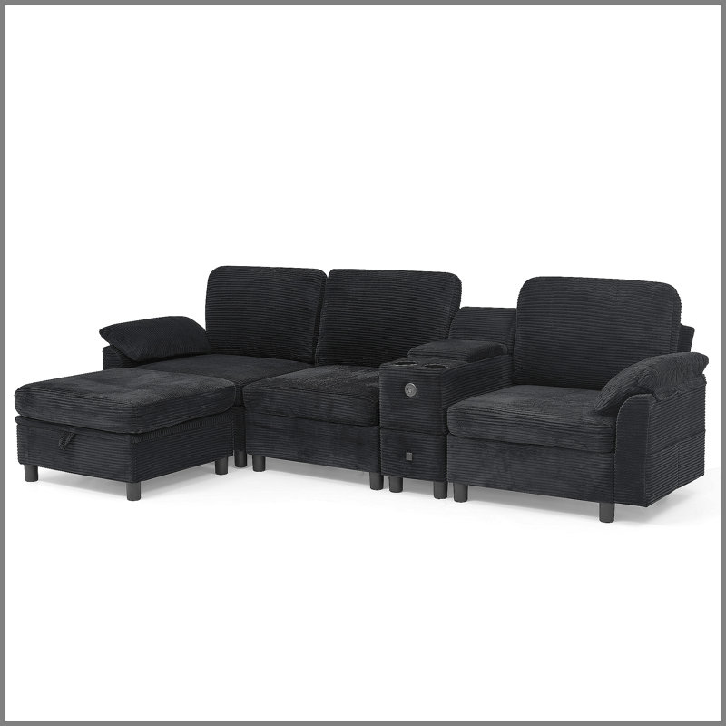 Canapé modulaire moderne en L avec rangement tout-en-un, poches d'accoudoirs de rangement latérales, console centrale avec porte-gobelet, repose-pieds avec rangement relevable, siège confortable à plusieurs places - noir