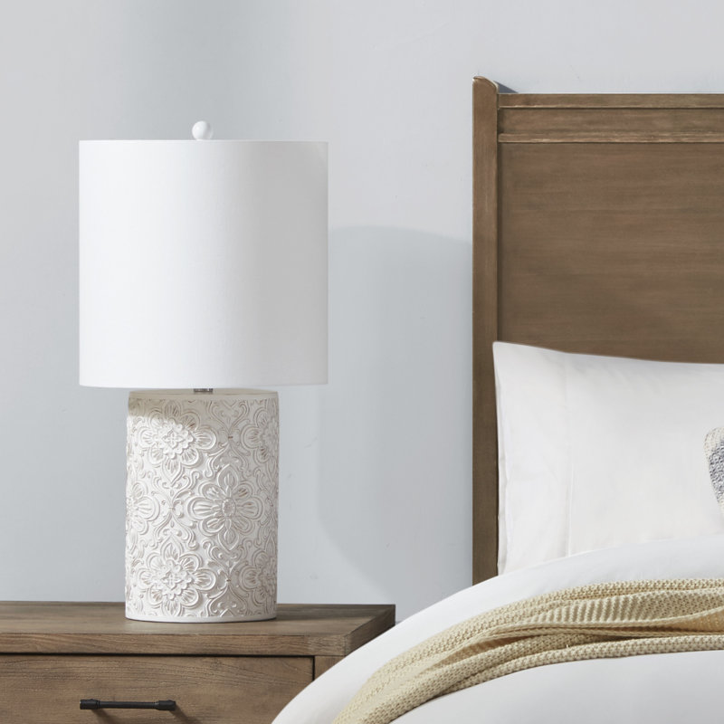 Ivory Floral Embossed Resin Cylinder Table Lamp with 3-Way Switch