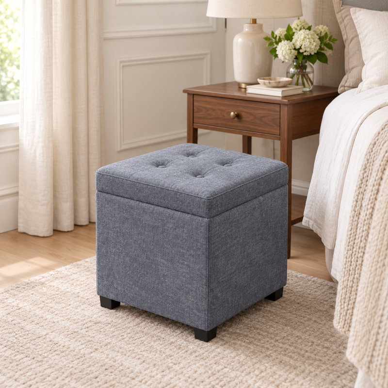 15.3" Square Linen Upholstered Storage Ottoman for Living Room, Gray