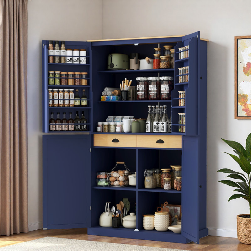 Garde-manger haute autoportant avec 2 tiroirs, 2 tablettes réglables et 8 tablettes de porte