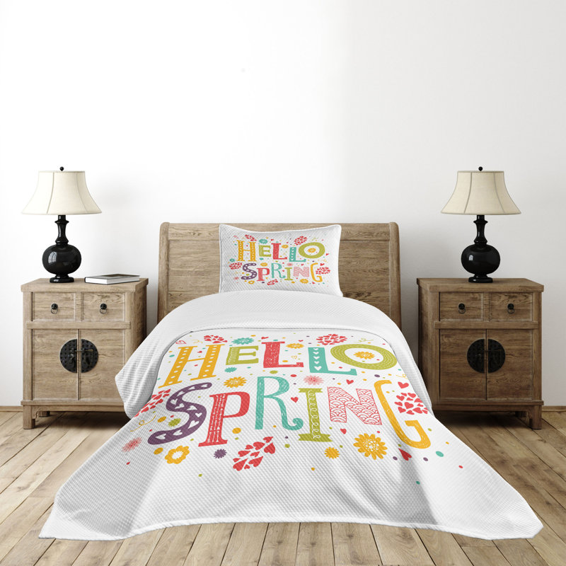Ambesonne Hello Bedspread Set Colorful Spring Elements Multicolor, Twin Bedspread + 1 Standard Sham