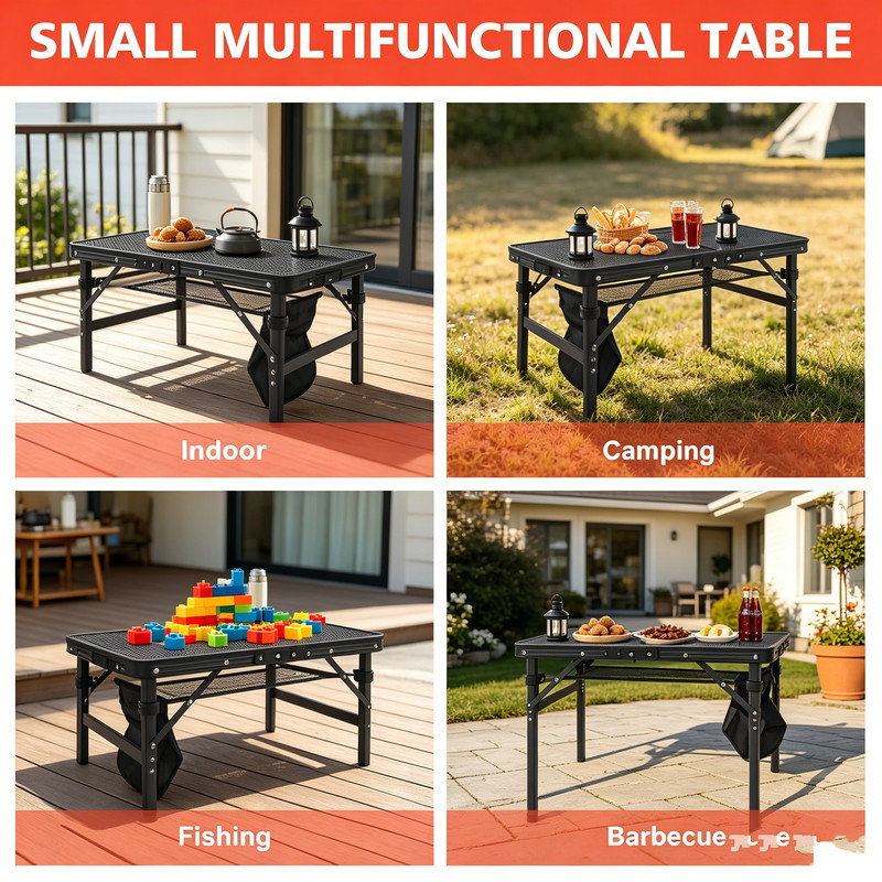 Table de camping de 2 pi avec bureau en filet, petite table de barbecue pliable et portable avec sac en filet, noir