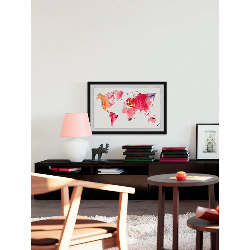 « floral map »-impression, H 30 po x l 45 po x P 1,5 po, Cadre noir à bords frangés
