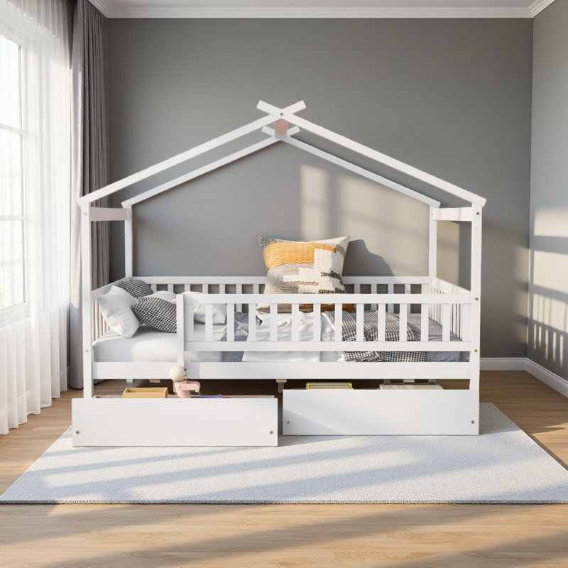 Lit double en bois avec deux tiroirs, Blanc