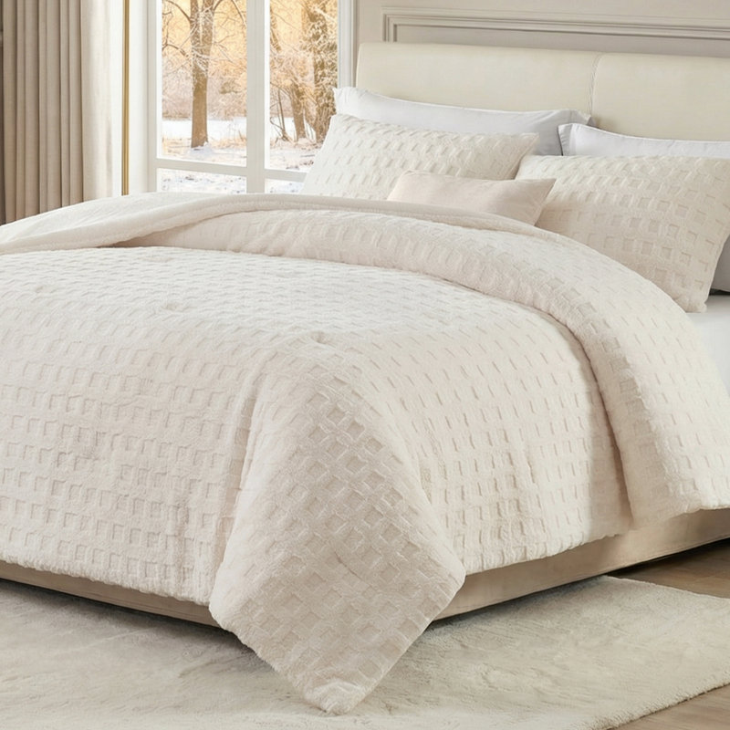 Ensemble d'édredon gaufré moelleux pour l'hiver, Beige, Édredon très grand + 2 taies d'oreiller standard