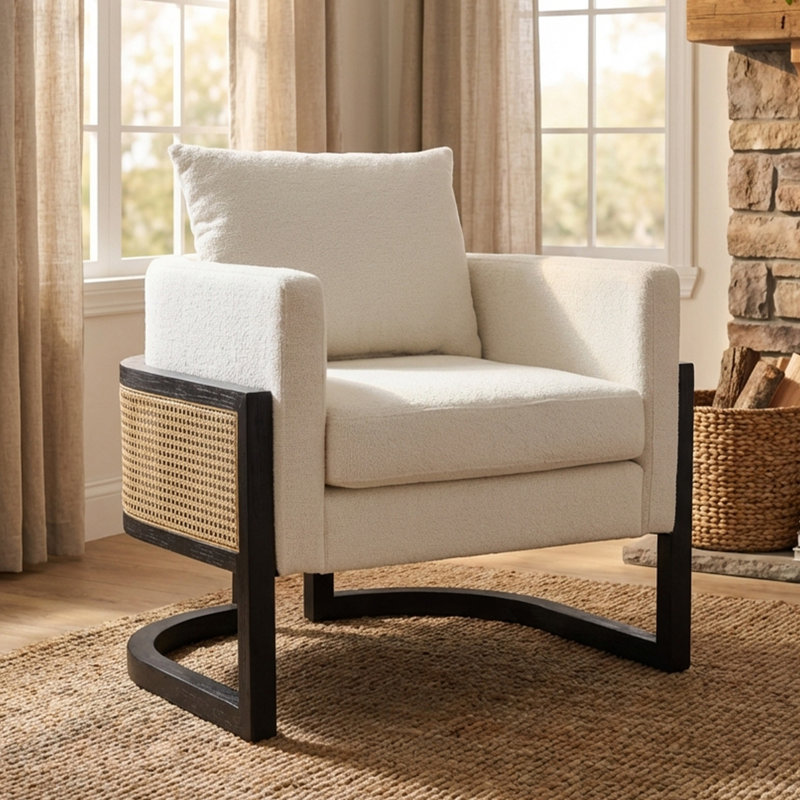 30.9" W Rattan and Wood Wide Armchair Upholstered Barrel Chair, White Faux Fur Cushion/Black Frame