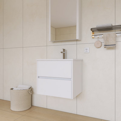 Meuble-lavabo mural simple 24 po avec comptoir en céramique 24 po | 2 tiroirs en U à fermeture en douceur, armoire flottante en bois et finition imperméable à 5 couches