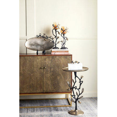 13.8X13.8X24" Black And Gold Aluminum Side Table With Delicate Pomegranate Design