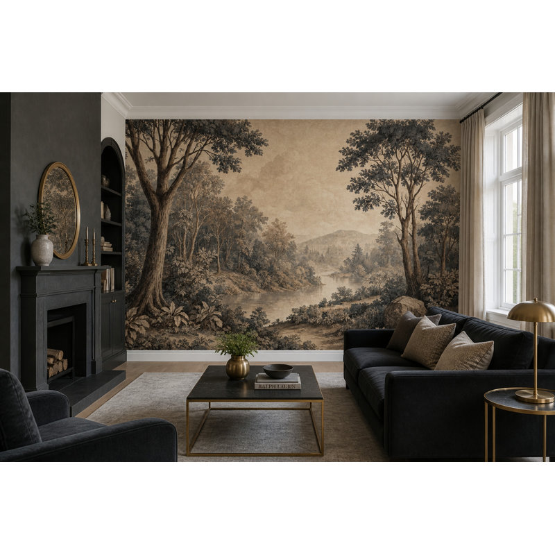 Papier peint rétro paysage forêt, 120 po x 96 po, Peler et coller