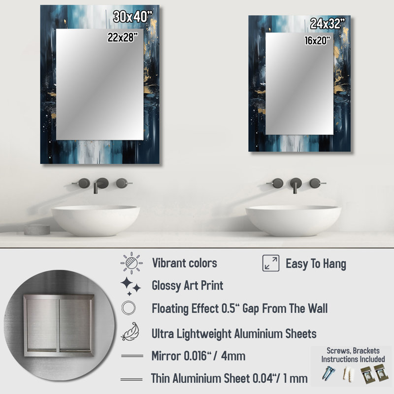 Gold And Blue Urban Elegance III - City Art Deco Decorative Wall Mirror, Gold Mirror, Printed Metal Art, 32" x 24"