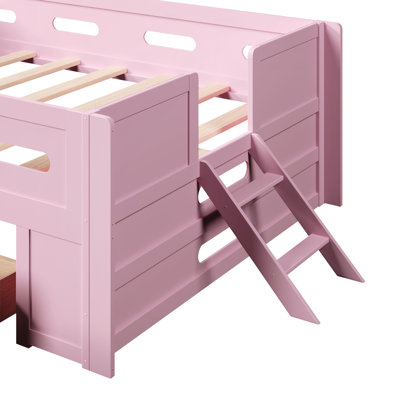 Wood Full Size Platform Bed with Guardrail and Drawer, Pink