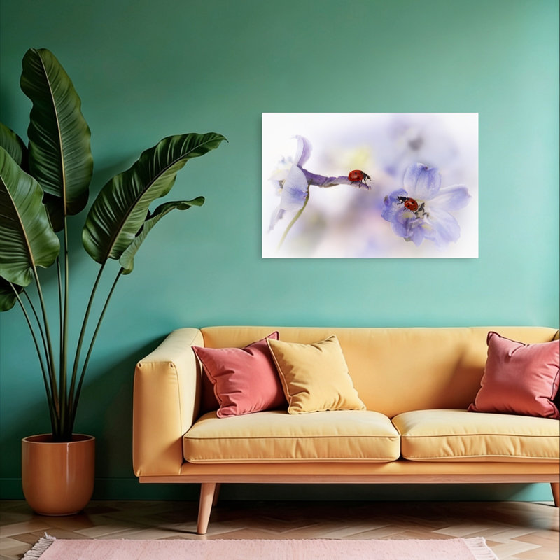 Ladybugs On Lavender Delicate Contemporary Ladybug Lavender Flower Nature Wall Art Print by Ellen van Deelen - 1 Piece Wrapped Canvas Wall Art
