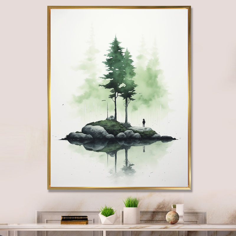 Pin, île, aquarelle minimale, vert tendre, H 20 po x l 12 po x P 1 po, Cadre flottant doré