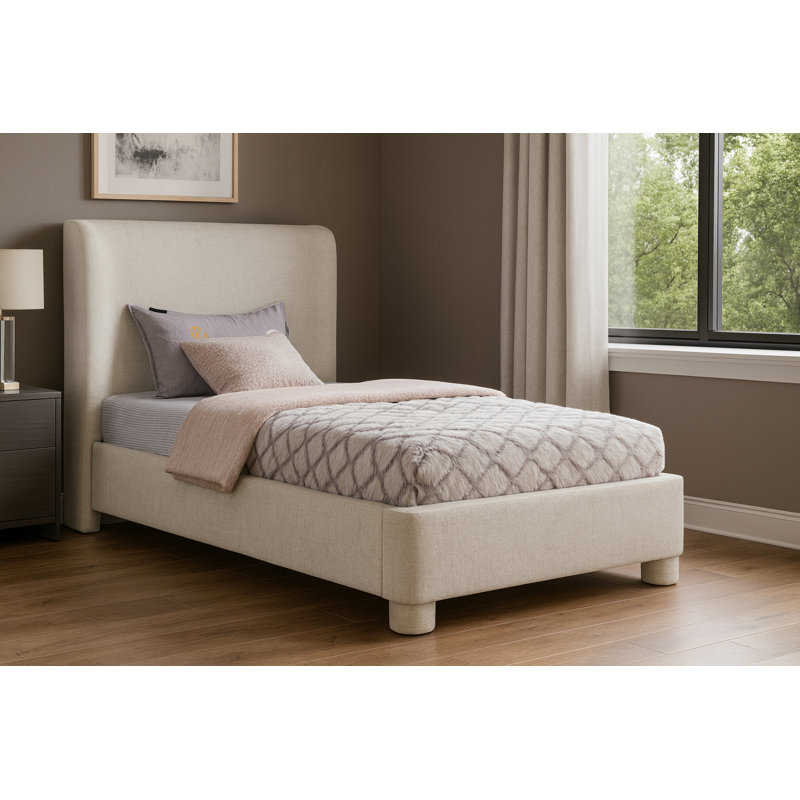 Hridhaan Upholstered Unfinished Wingback Bed, Twin, Cream Chenille Fabric