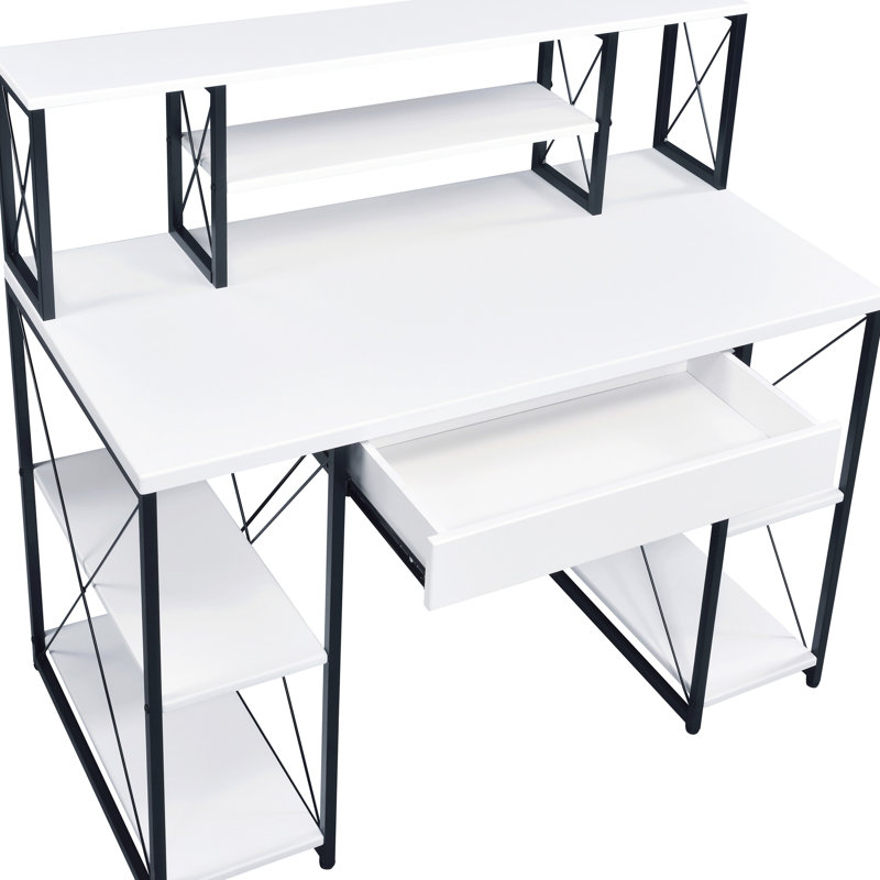 Bureau blanc et noir élégant avec de nombreuses étagères et tiroirs, style contemporain