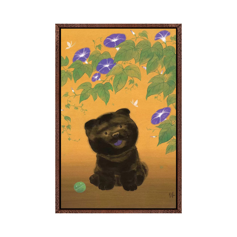 Chow and Morning Glories 1 Piece Wall Art on Canvas, 66.04 cm H x 45.72 cm W, Classic Brown Wood Framed