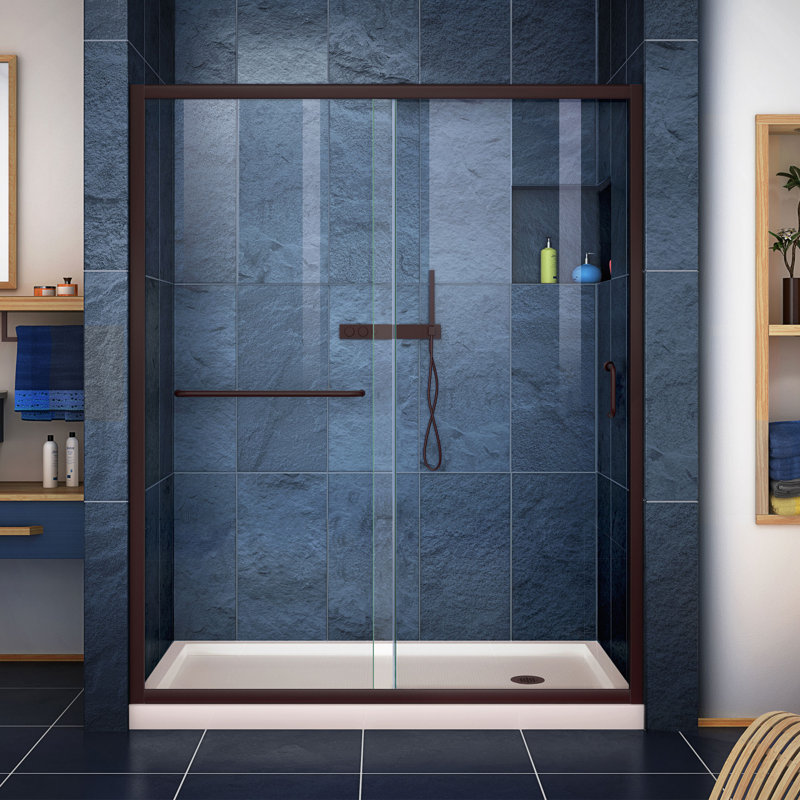 DreamLine Infinity-Z 34 inch D x 60 inch W x 74 3/4 inch H Semi-Frameless Sliding Frosted Shower Door in Brushed Nickel with Right Drain White Shower Base Kit