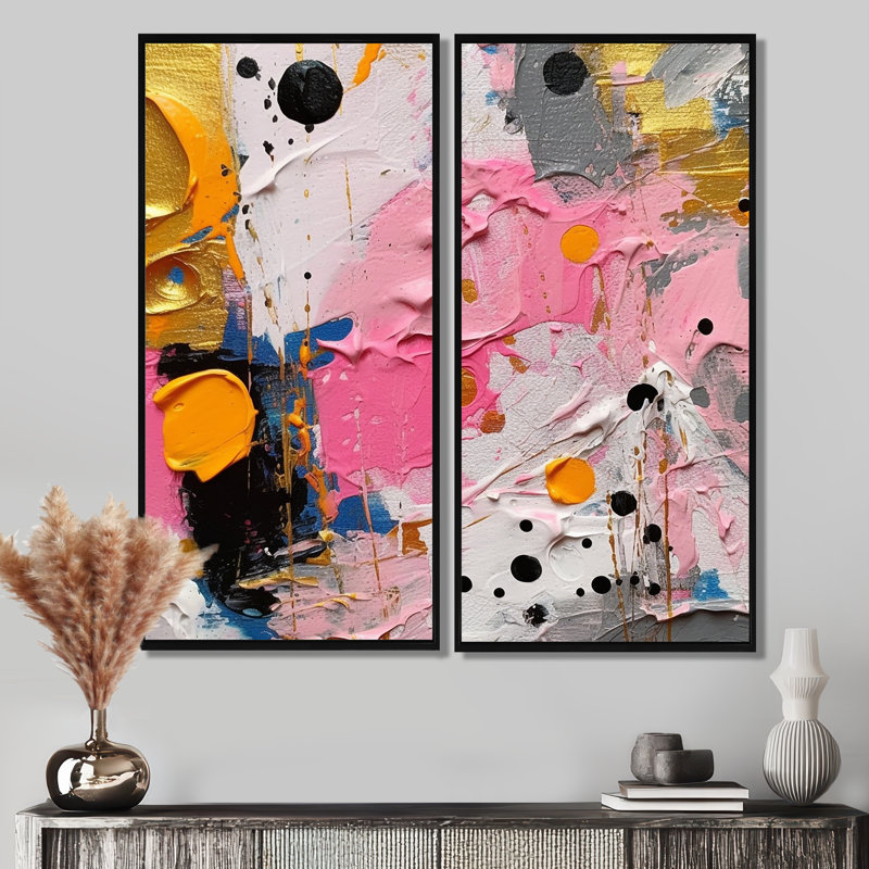 Rose et gris géométrique I - décoration murale rose, H 40 po x l 40 po, Impression encadrée flottante, Noir