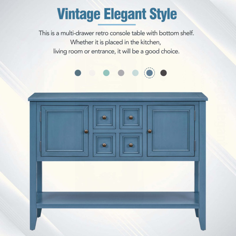 Grande console de rangement rétro Cambridge Series avec quatre petits tiroirs et une tablette inférieure pour les salons, les entrées et les cuisines