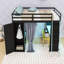 Lit mezzanine en bois avec garde-robe, tablettes et lumières RVB-41946121
