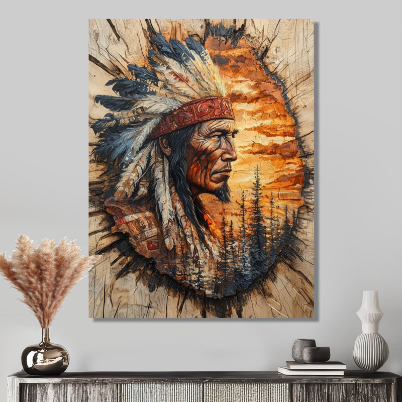 Native American Warrior Energy Of Forest III - Art mural en métal Native American Warrior, H 44 po x l 34 po