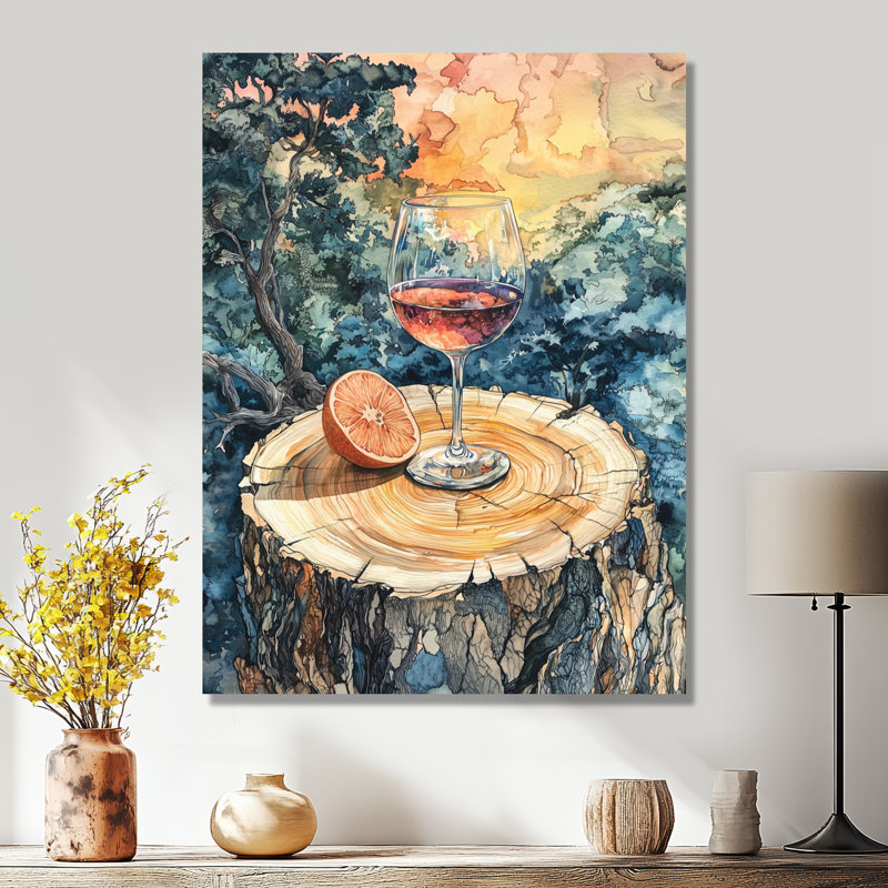 Pamplemousse avec verre de vin dans un vignoble - Art mural en métal Vineyard, H 40 po x l 30 po