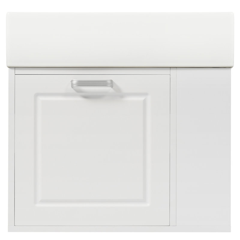 Meuble-lavabo de 21,8 po avec conception murale, lavabo en céramique facile à nettoyer, rangement sous le lavabo, tablettes réglables à 2 niveaux et porte-papier hygiénique, blanc, finition peinte, un paquet