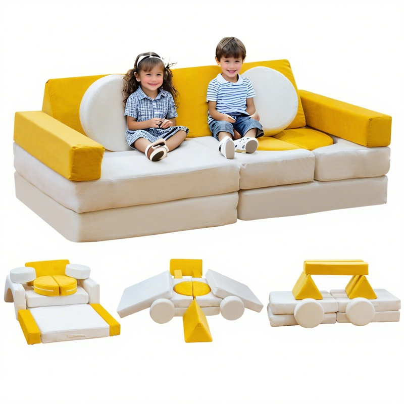 13PCS Modular Kids Play Couch, Toddler Couch With Washable Velvet Cover For Playroom, Sectional Toddler Play Sofa For Developing Imagination, Convertible Foam Climbing Sofa