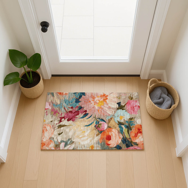 Machine Washable Indoor/Outdoor Jenning ACN2264 Floral Rug, Rectangle 1'8" x 2'6"