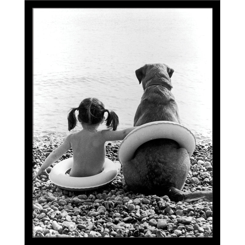 " Girl With Dog Cute Friendship ", 22.5" H x 18.5" W x 1.25" D, Black Framed Paper