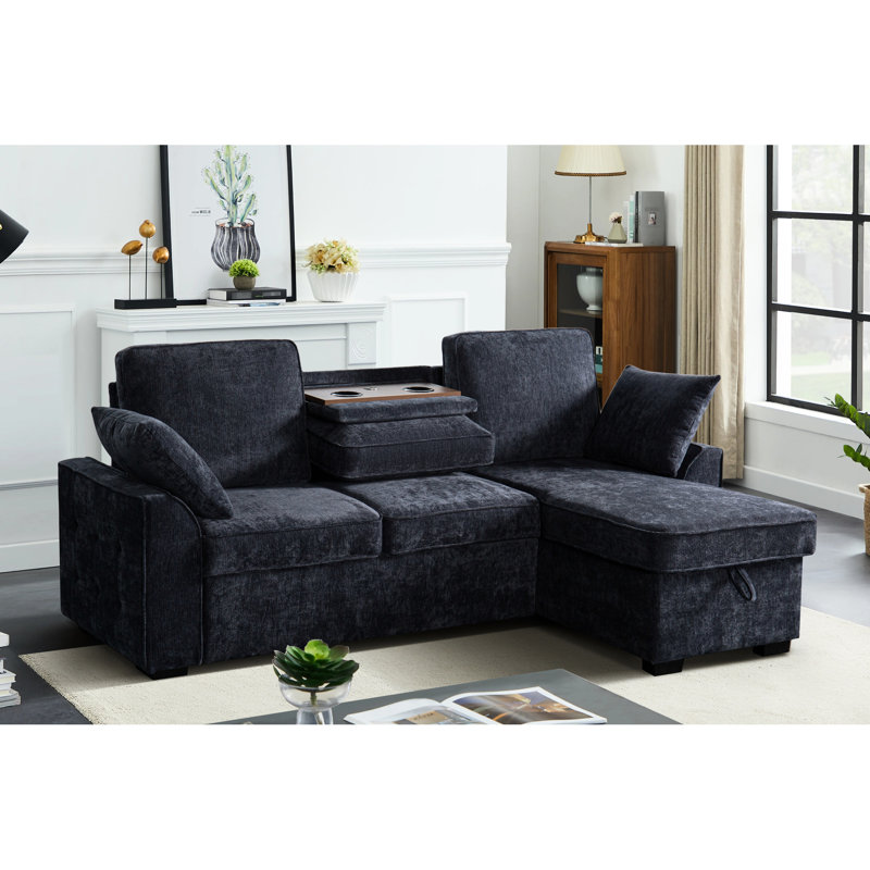 Canapé modulaire en chenille gris foncé à 3 places avec rangement convertible, plateau amovible et dossiers réglables pour un ensemble de porte-gobelets modulables