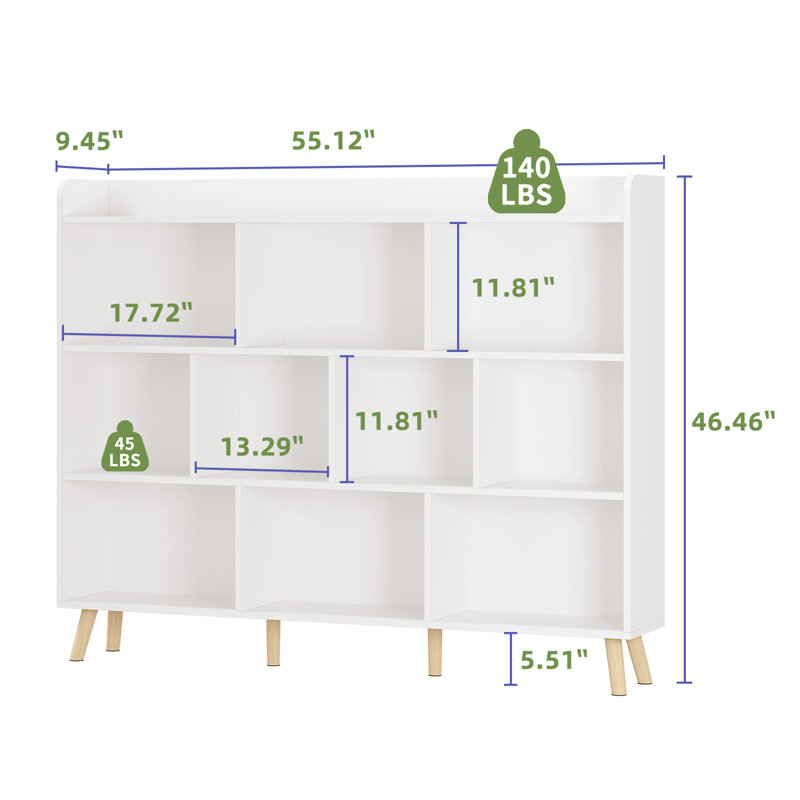Wooden Open Shelf Bookcase, 3-Tier Cube Bookshelf, Modern Display Cabinet, 46.46" H x 55.12" W x 9.45" D