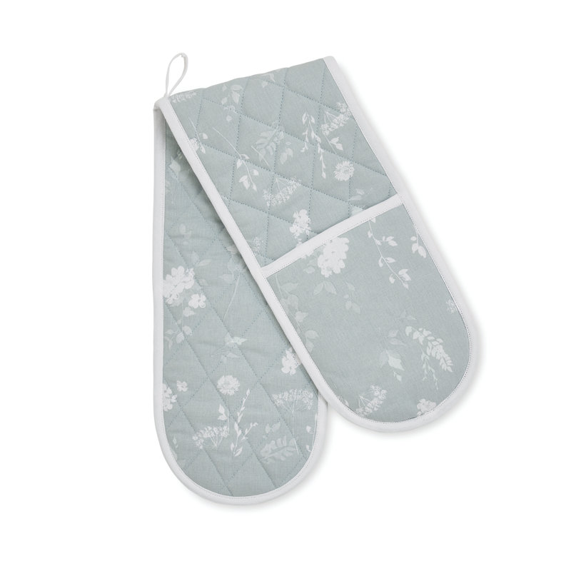 Meadowsweet Floral Cotton Double Oven Glove Grey, Green