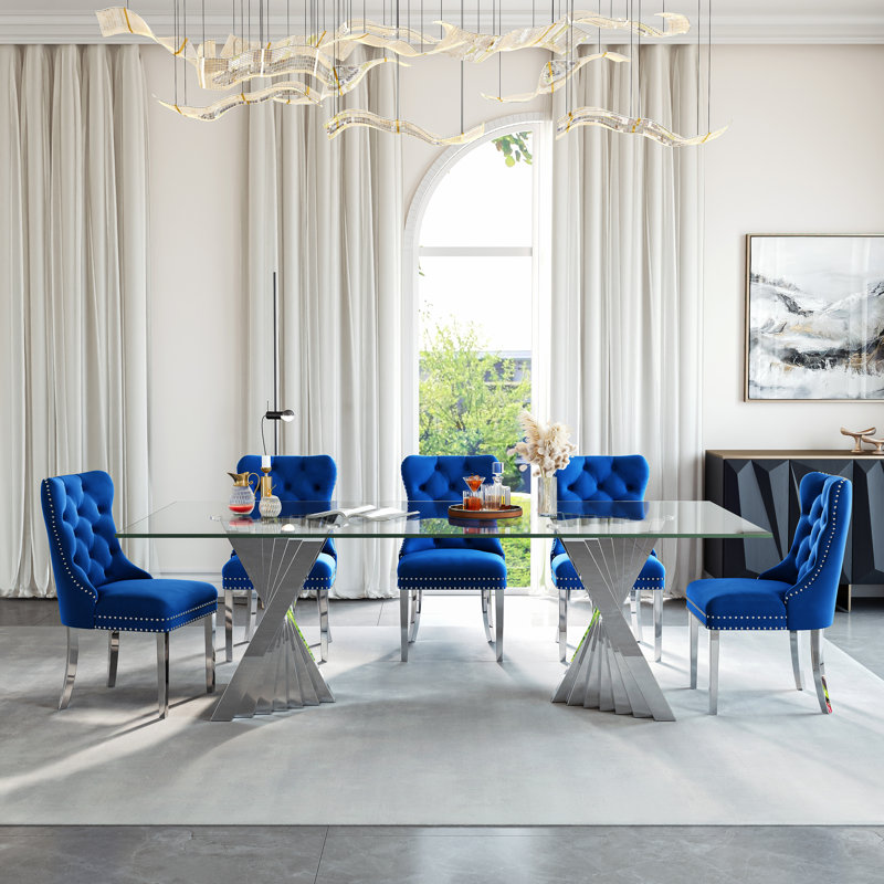 8-Person Glass Dining Set With Stainless Steel Base And Faux Leather Chairs, Silver, Blue/Silver