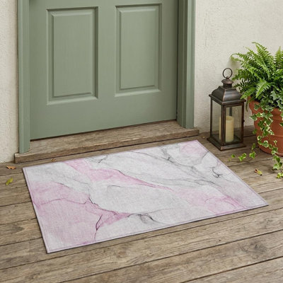 2' X 3' Grey and Pink Abstract Washable Non Skid Indoor Outdoor Area Rug