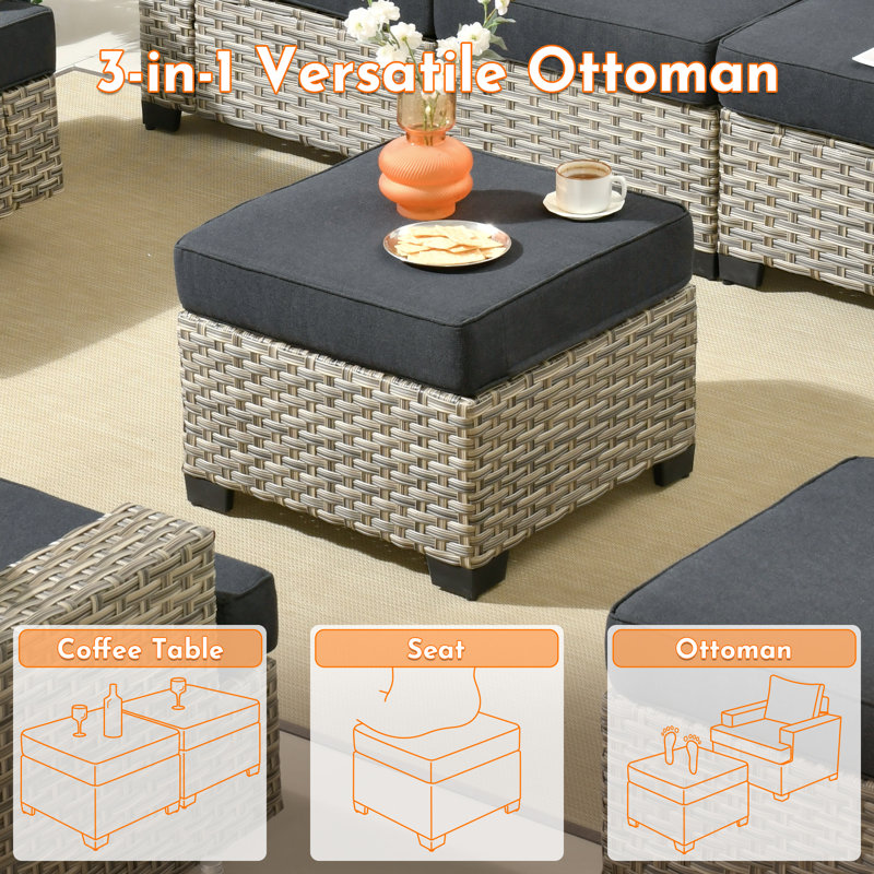 Tommy Wicker 10-Person Modular Outdoor Sectional Seating Group With Swivel Chairs And Cushions, Patio Conversation Set With Fire Pit Table