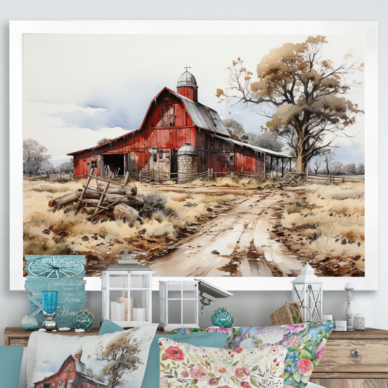 «Farmstead Lnadscape III - Farm Large», art mural, H 30 po x l 40 po x P 1,5 po, Cadre simple blanc