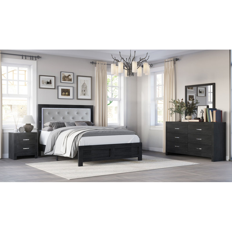 Ensemble de chambre à coucher à panneau à DEL Josiyah 5-2_Marijo, Grand, Noir