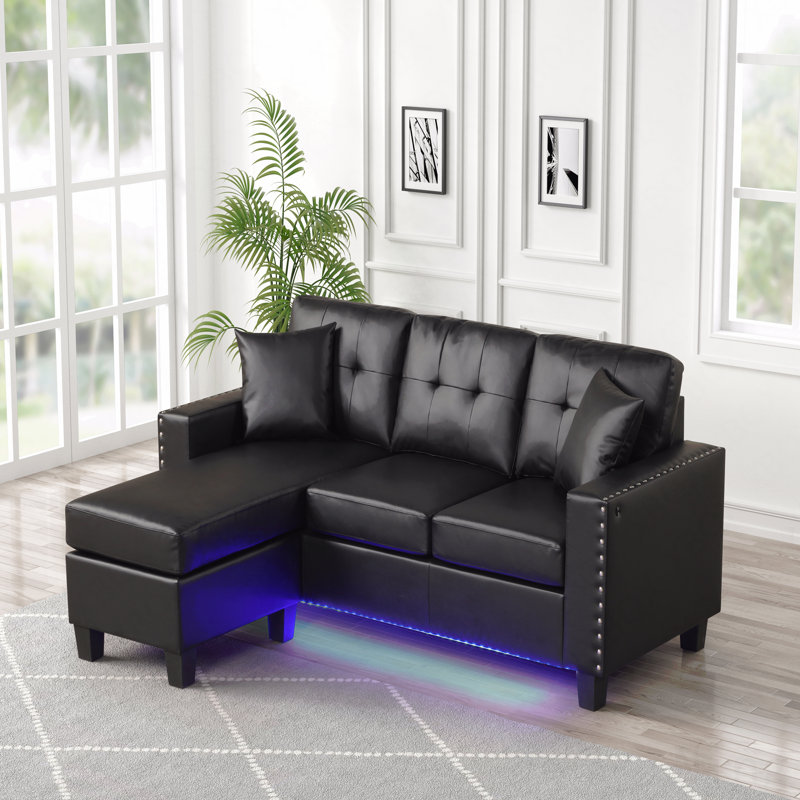 Sorenza 74"W Black Pvc Reversible Sectional Sofa Chaise With Led Light, Usb Port, Nailhead Trim, Throw Pillows, Tufted Cushion
