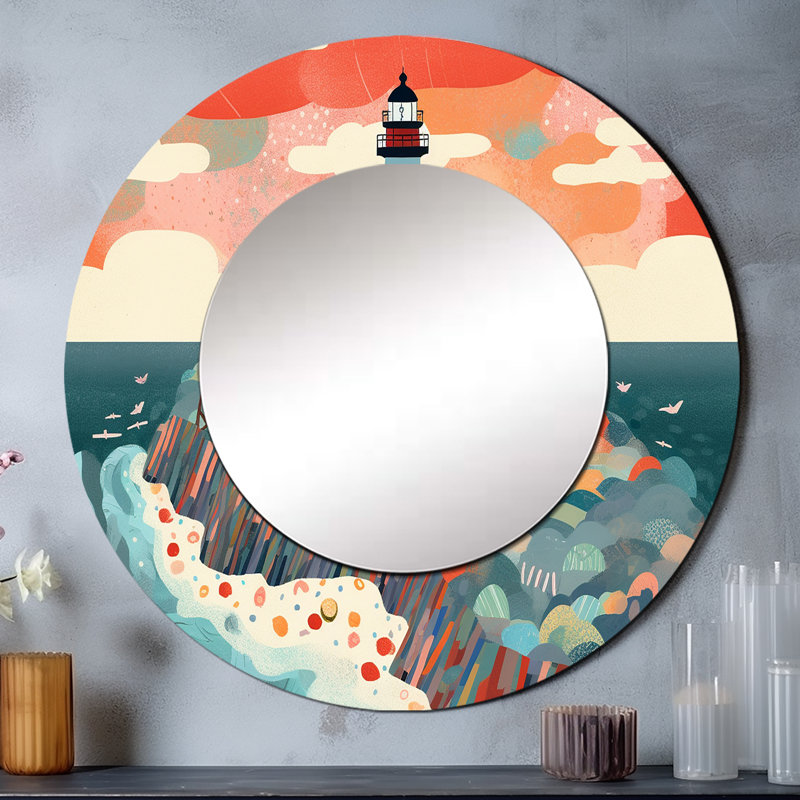 Phare côtier I - miroir côtier, miroir mural rond pêche unique, impression sur métal, 23 po x 23 po