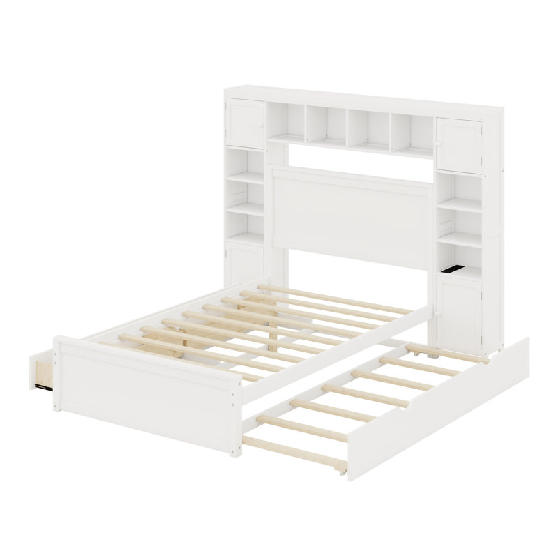 Lit en bois avec armoire tout-en-un, tablette et prises, lit gigogne, Blanc, Grand