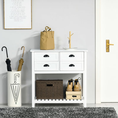 Console Table Storage Cabinet - 4 Drawer Sideboard In White For Kitchen, Living Room Kitchen With Drawers Slatted Shelf Use