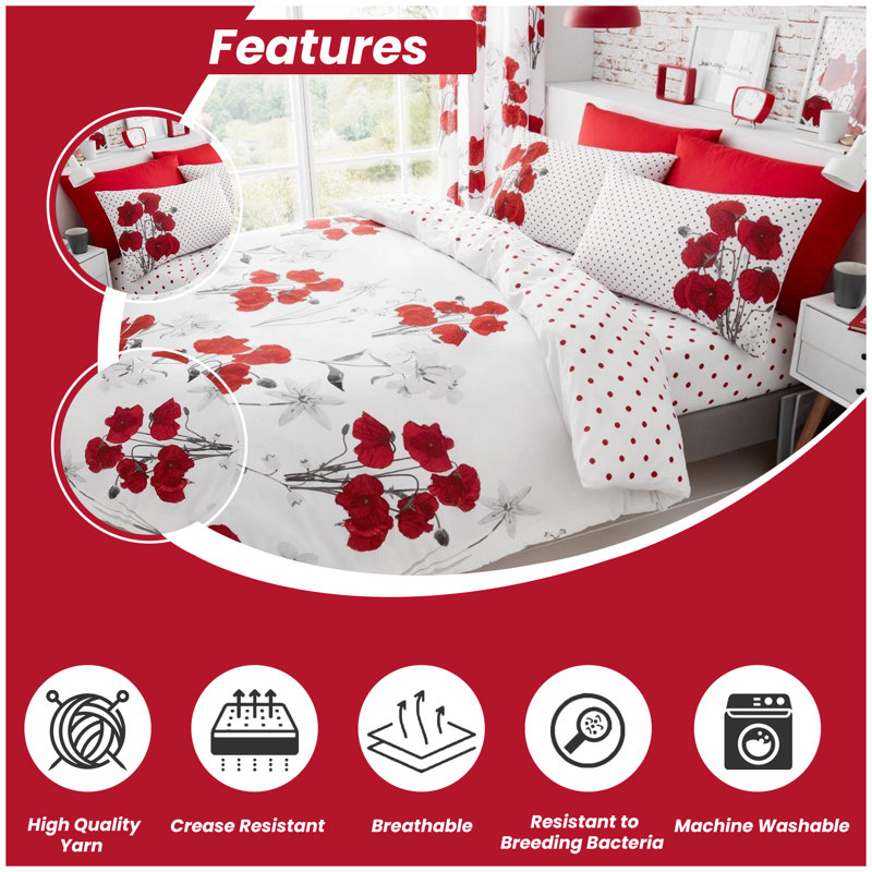 Cotton Blend Floral Duvet Cover with Pillowcases, Red, Kingsize - 2 Standard Pillowcases