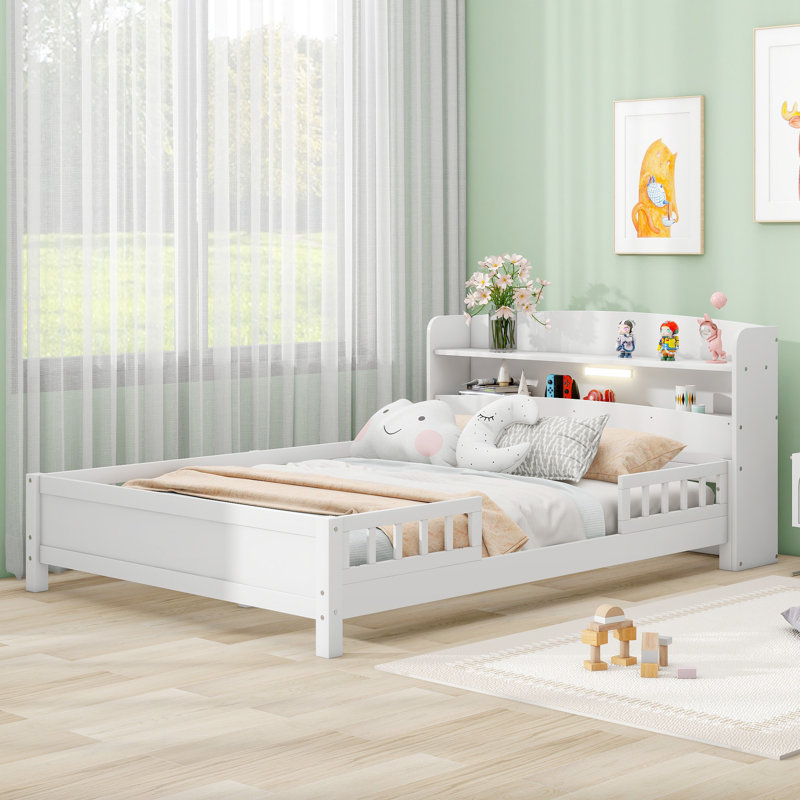 Lit plateforme en bois avec lumière DEL, tête de lit, garde-corps et tiroirs, base de lit moderne, blanc, Blanc