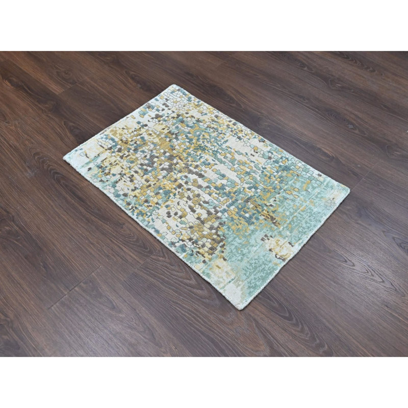 2'x3' Bay Green with Gold, Hand Knotted, Abstract Design, Wool and Silk, Thick and Plush, Mat, Sample, Oriental Rug