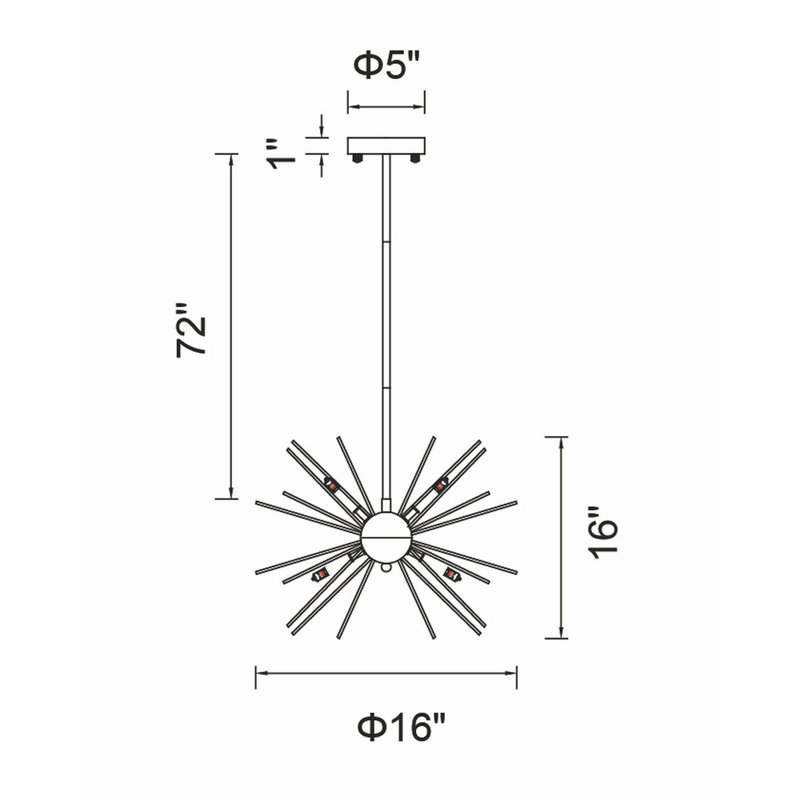 6-Light Starburst Chandelier – 16” Diameter, Black Finish – Modern Ceiling Light for Dining Room, Living Room, Bedroom