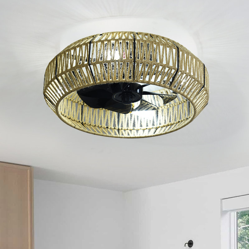 17.71" Boho Rattan Ceiling Fan With Lights And Remote, Bladeless Low Profile For Bedroom Kitchen Living Room