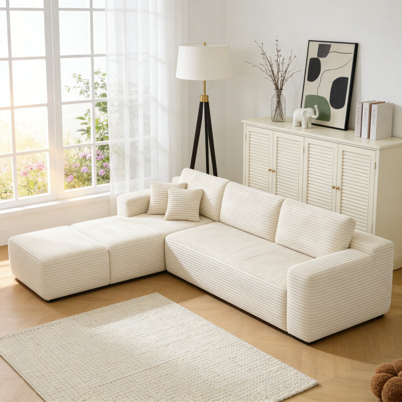 106.5" Boneless L-shaped Corduroy Upholstered Three-seat Lounge Sofa With Chaise And Ottoman, No Assembly Required