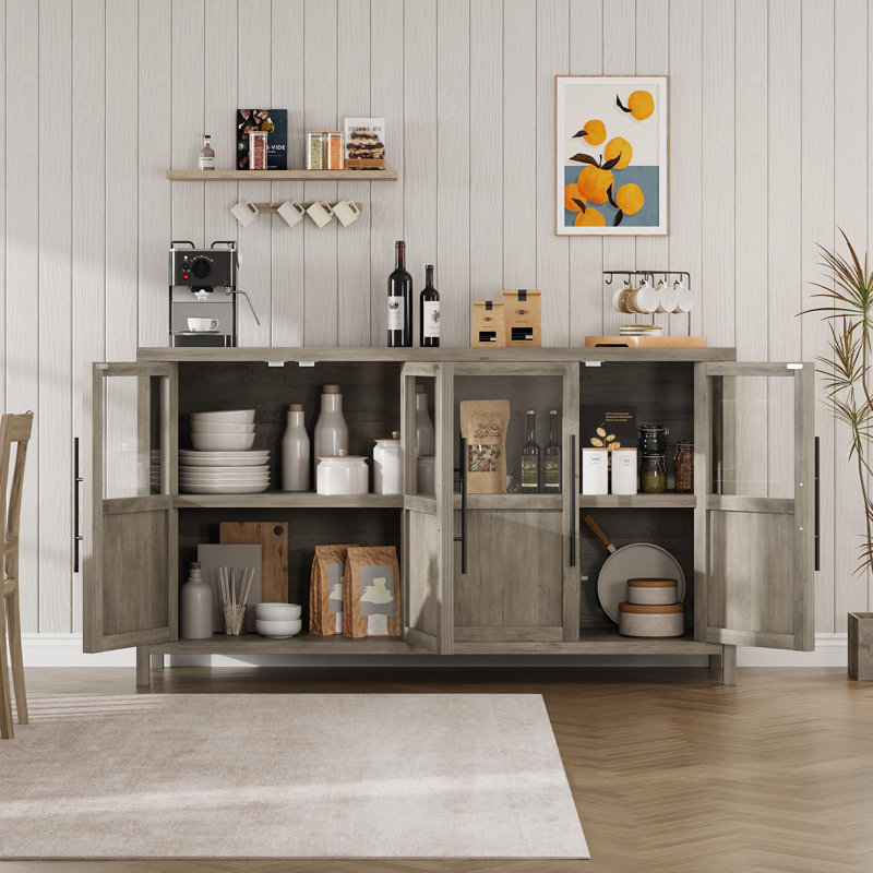 Buffet 55 "avec 4 portes en verre et beaucoup de rangement pour la salle à manger et la cuisine, Gris