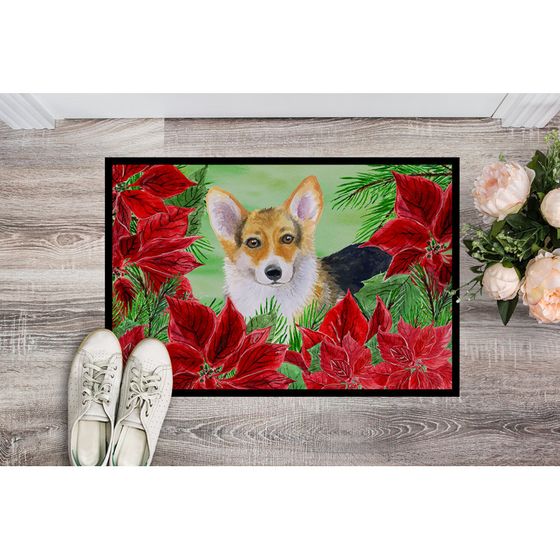 Tapis de porte pour l’extérieur antidérapant pembroke corgi poinsettas, Rectangulaire : 18 po x 27 po